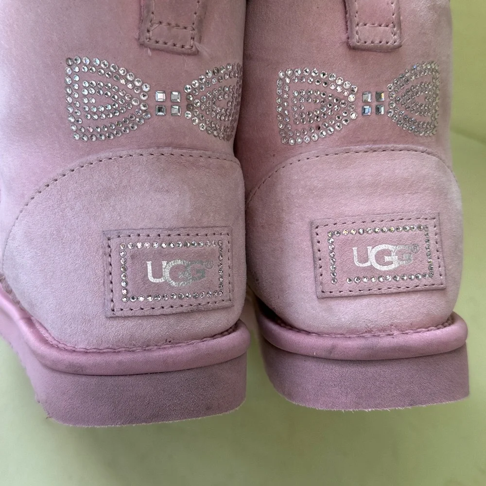 UGG Baby Pink Suede Boots with Rhinestone Bow